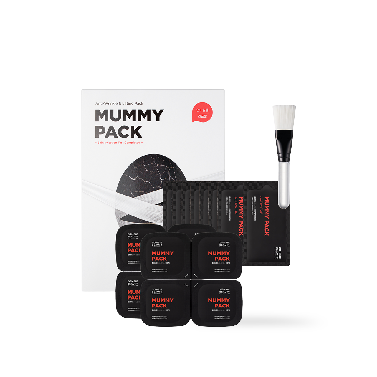 SKIN1004 Zombie Beauty Mummy Pack Activator Kit — powder sachet and activator vial set on dark background