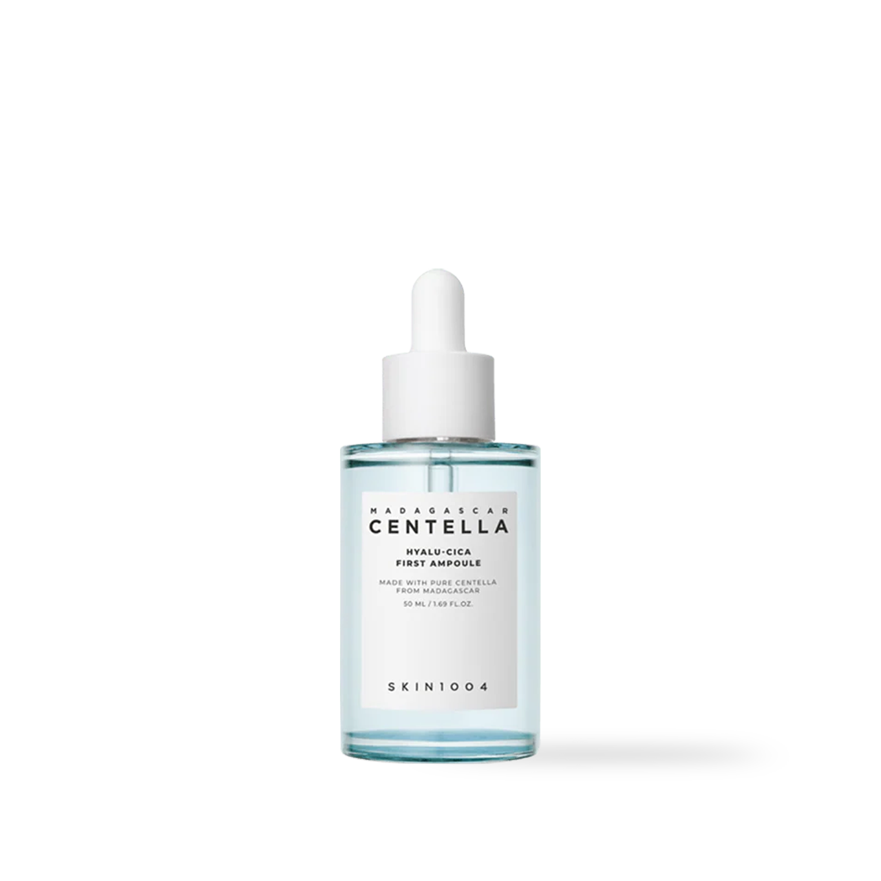 SKIN1004 Hyalu-Cica First Ampoule — dropper bottle with cap off showing watery serum texture