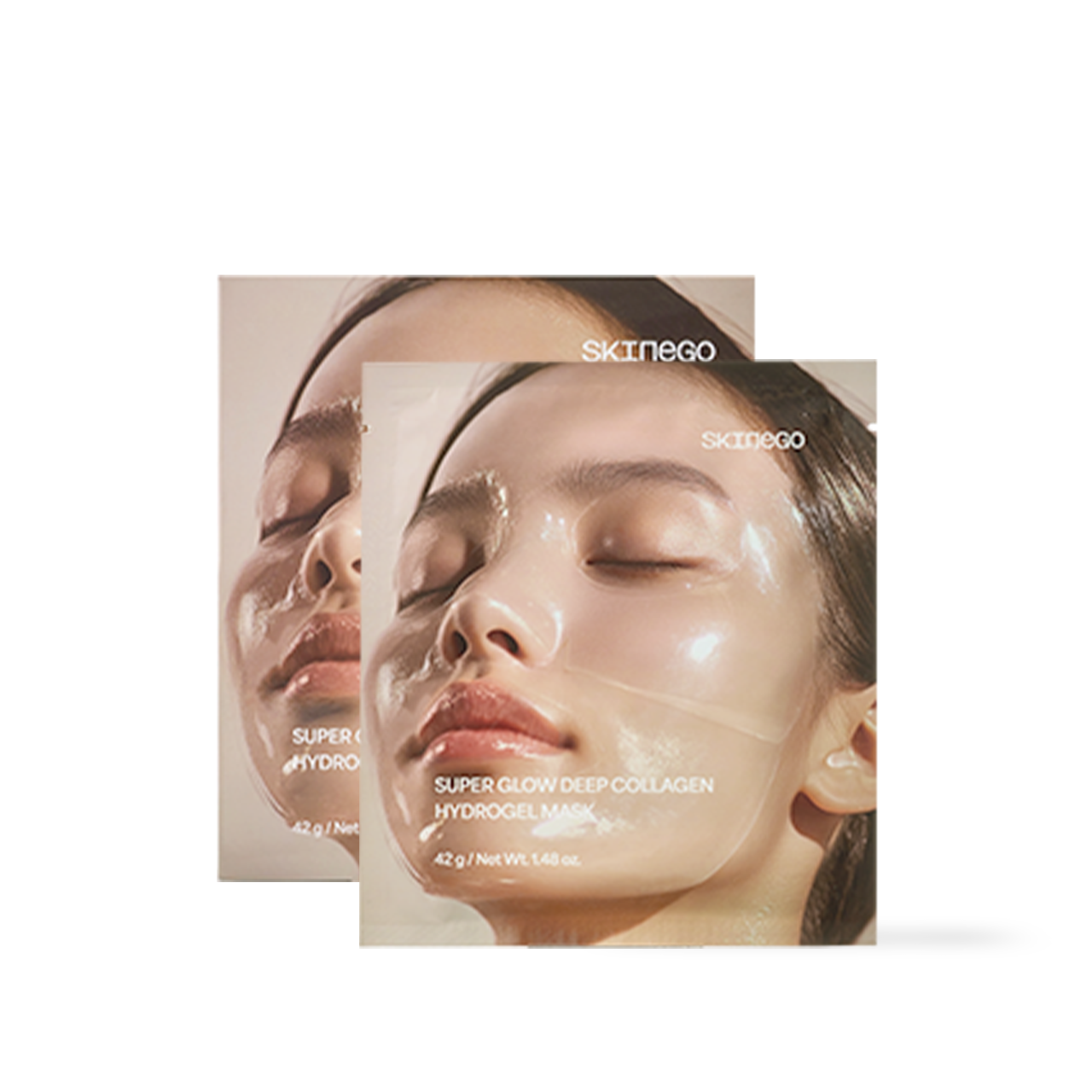Skinego Super Glow Deep Collagen Hydrogel Mask — box of masks with product detail and ingredient panel shown