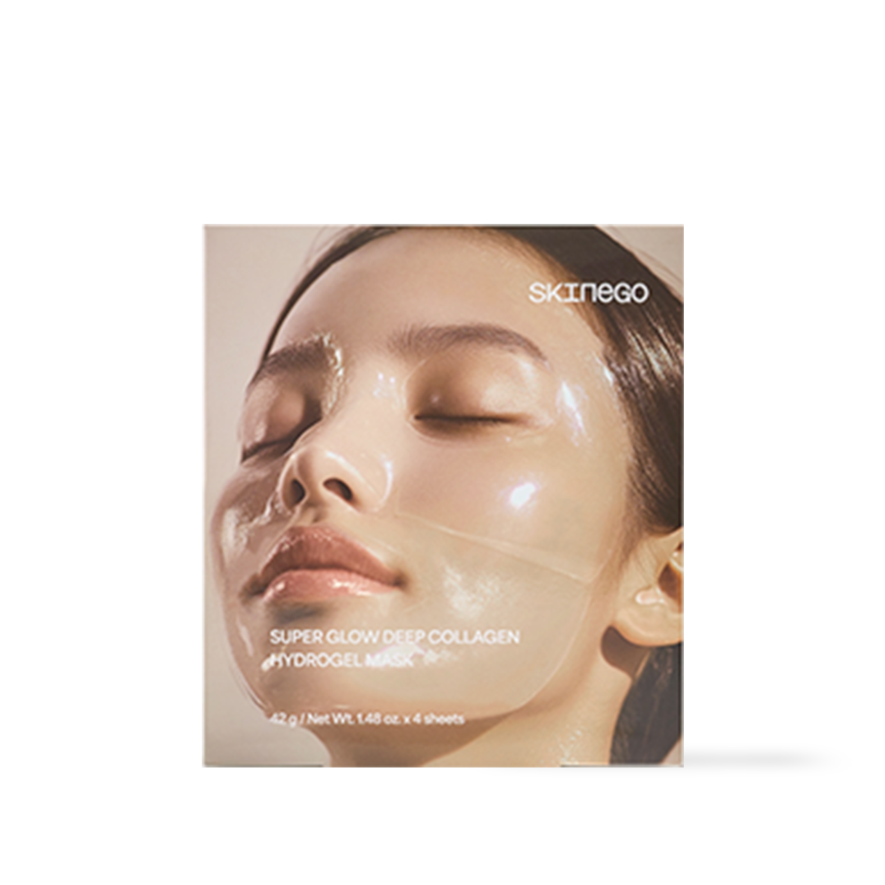 Skinego Super Glow Deep Collagen Hydrogel Mask — hydrogel sheet mask removed from packaging on clean surface