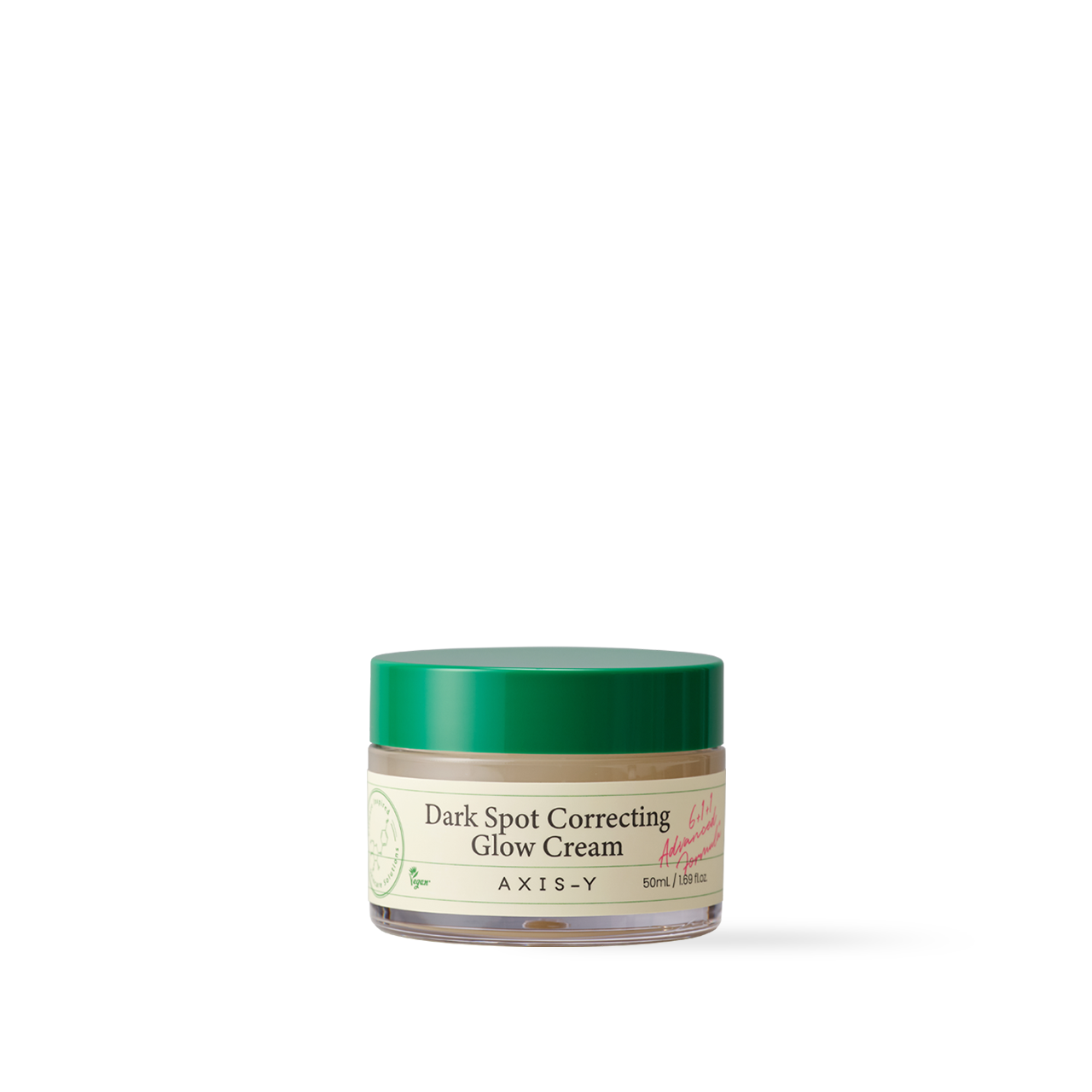 AXIS-Y Dark Spot Correcting Glow Cream 50ml — glass jar on reflective surface showing bright finish