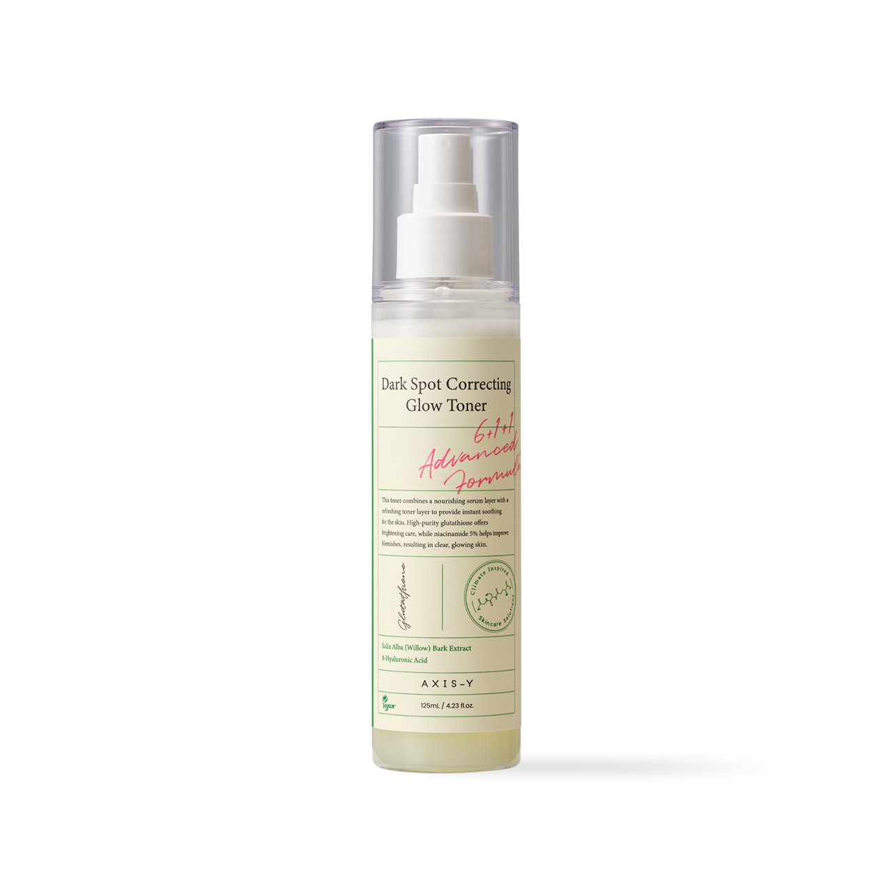 AXIS-Y Dark Spot Correcting Glow Toner 125ml — pump-mist bottle showing separated serum and toner layers