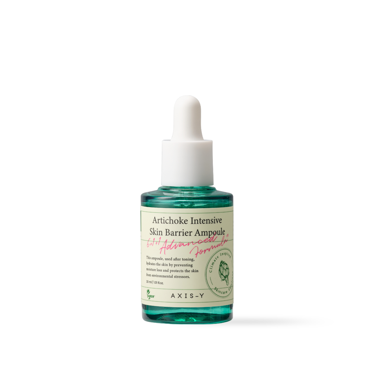 AXIS-Y Artichoke Intensive Skin Barrier Ampoule 30ml — glass dropper bottle on white surface