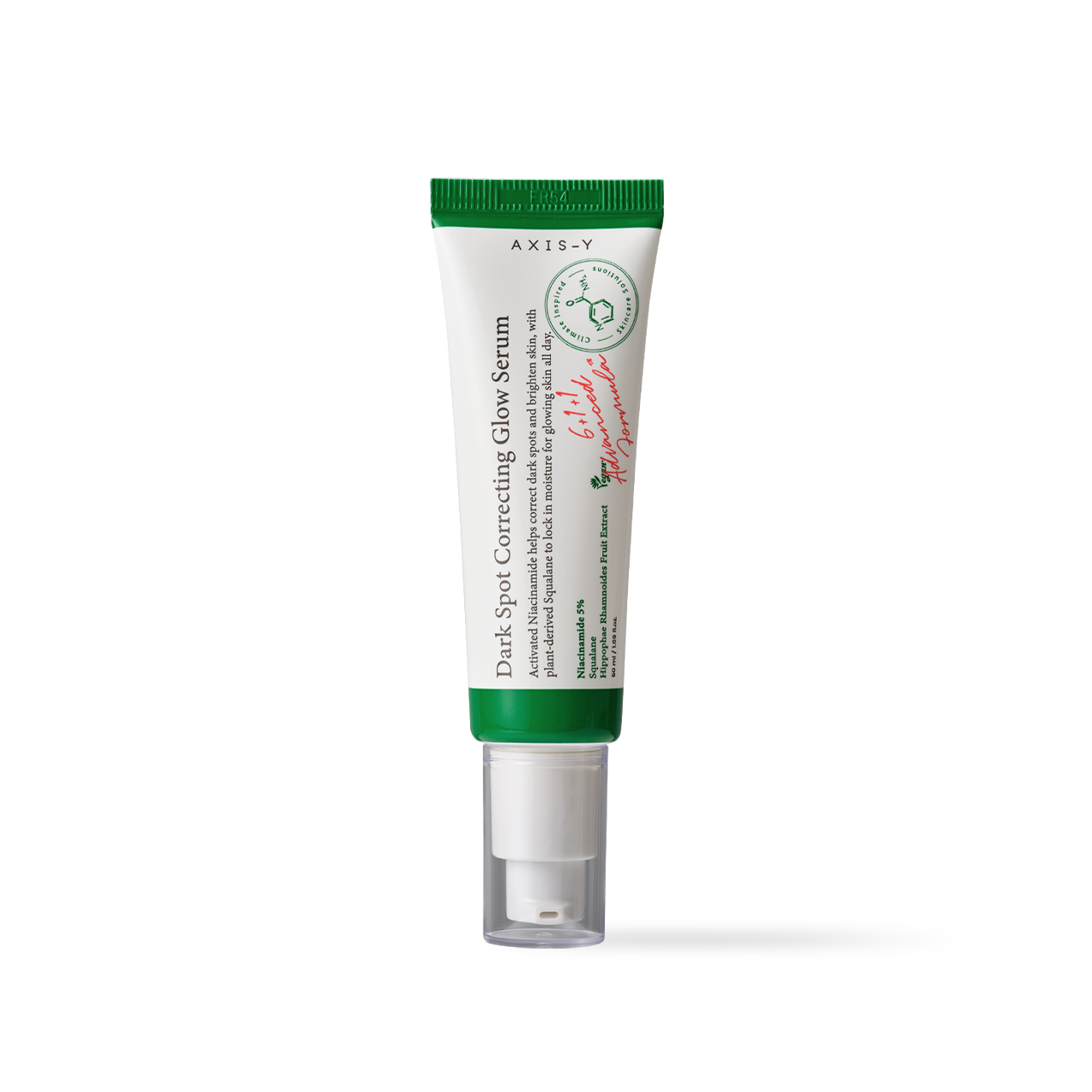 AXIS-Y Dark Spot Correcting Glow Serum 50ml — slim dropper bottle with radiant amber tinted formula