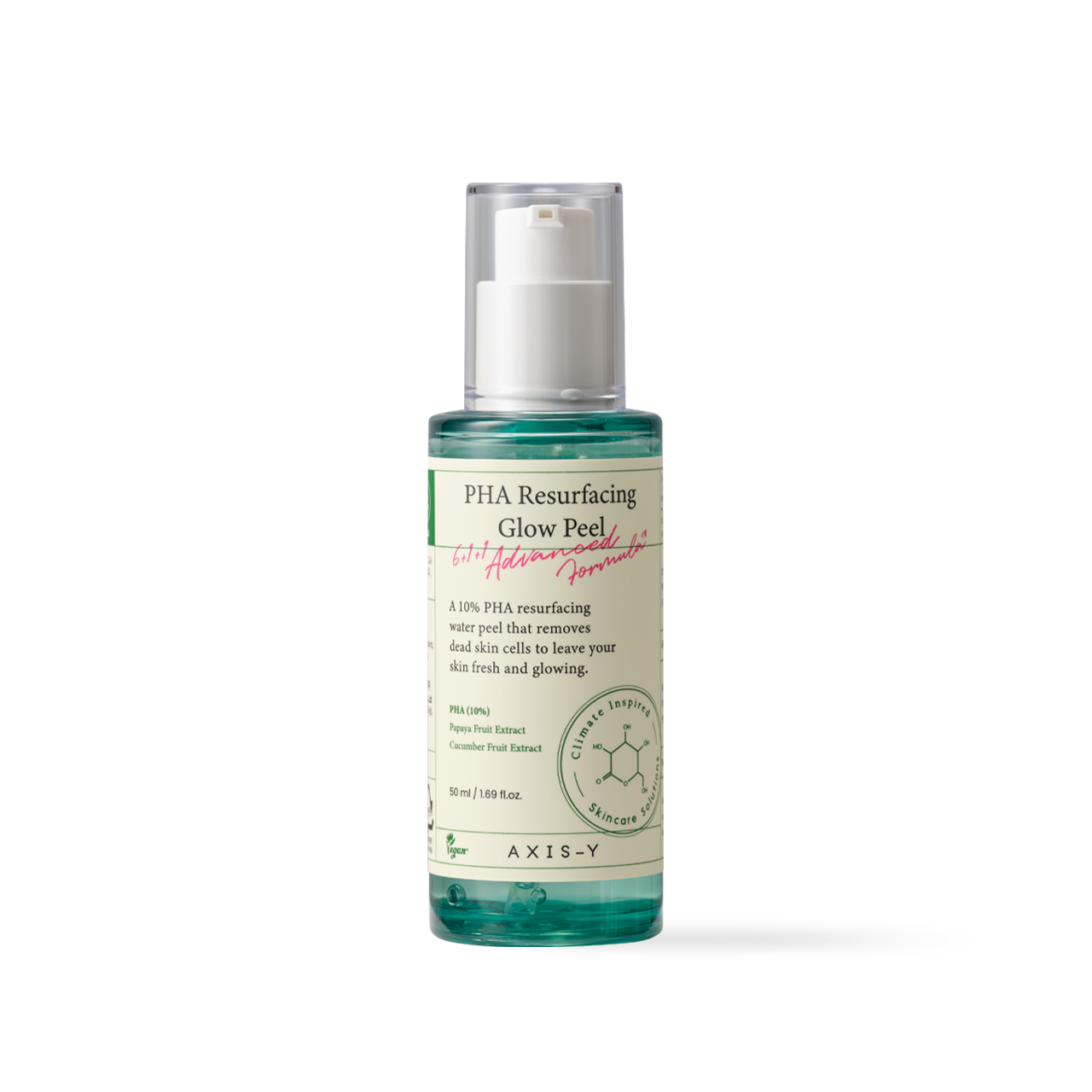 AXIS-Y PHA Resurfacing Glow Peel 50ml — transparent gel-water bottle with soft botanical print
