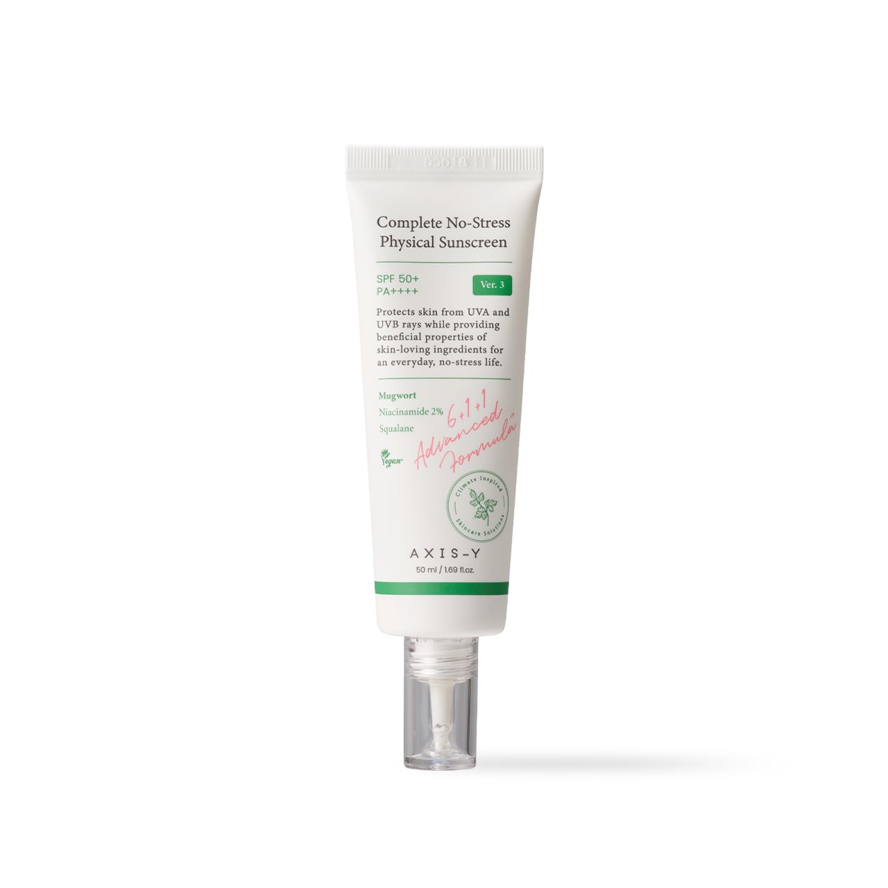 AXIS-Y Complete No-Stress Physical Sunscreen 50ml — flat tube with nature-inspired green print