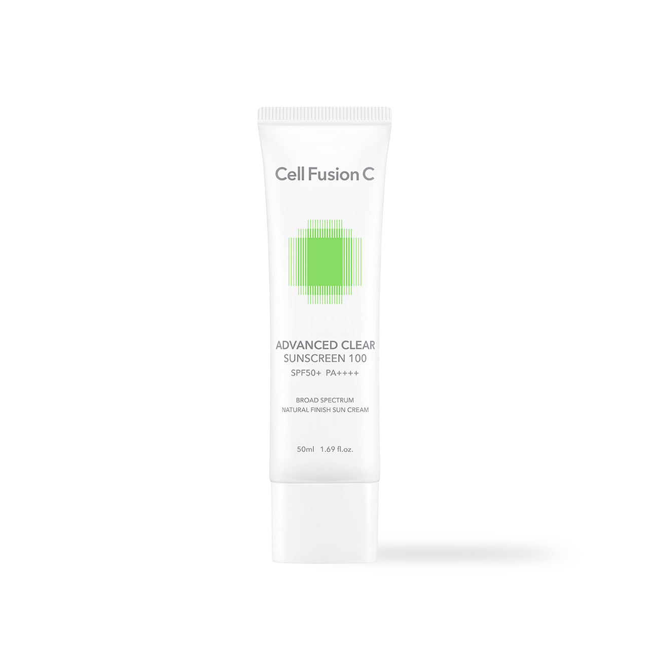 CellFusionC Advanced Clear Sunscreen 100 SPF50+ 50ml — white tube with pale green accent label facing front