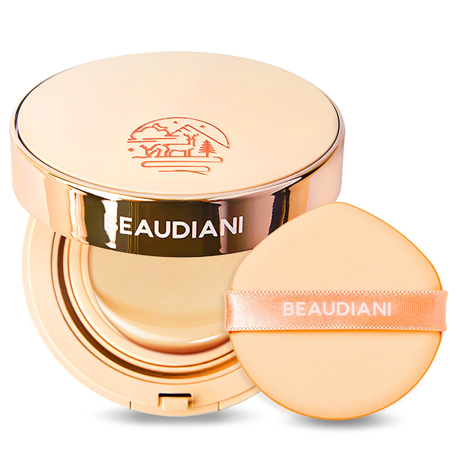 Beaudiani Mesh Tight Up Cushion 12g — open compact showing tight mesh dispenser and pink gold case