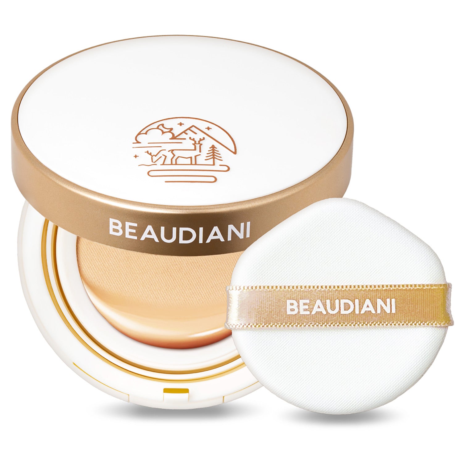 Beaudiani Mesh Glow Up Cushion 12g — compact open showing mesh dispenser and pink-gold case