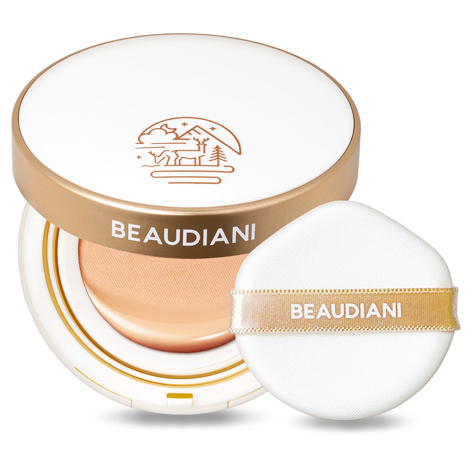 Beaudiani Mesh Glow Up Cushion 12g — three shades swatched on skin showing light to neutral tones