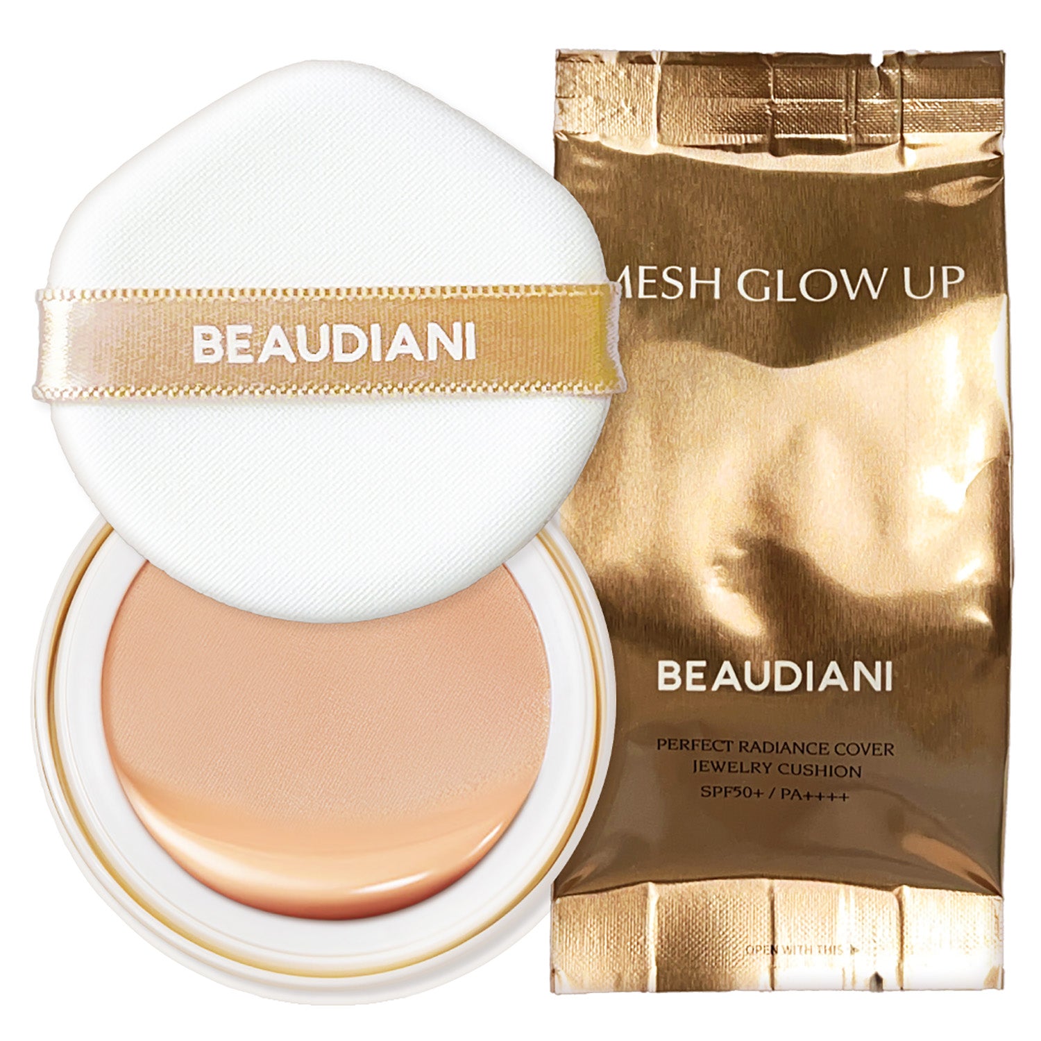 Beaudiani Mesh Glow Up Cushion Refill 12g — three shade options lined up on white background