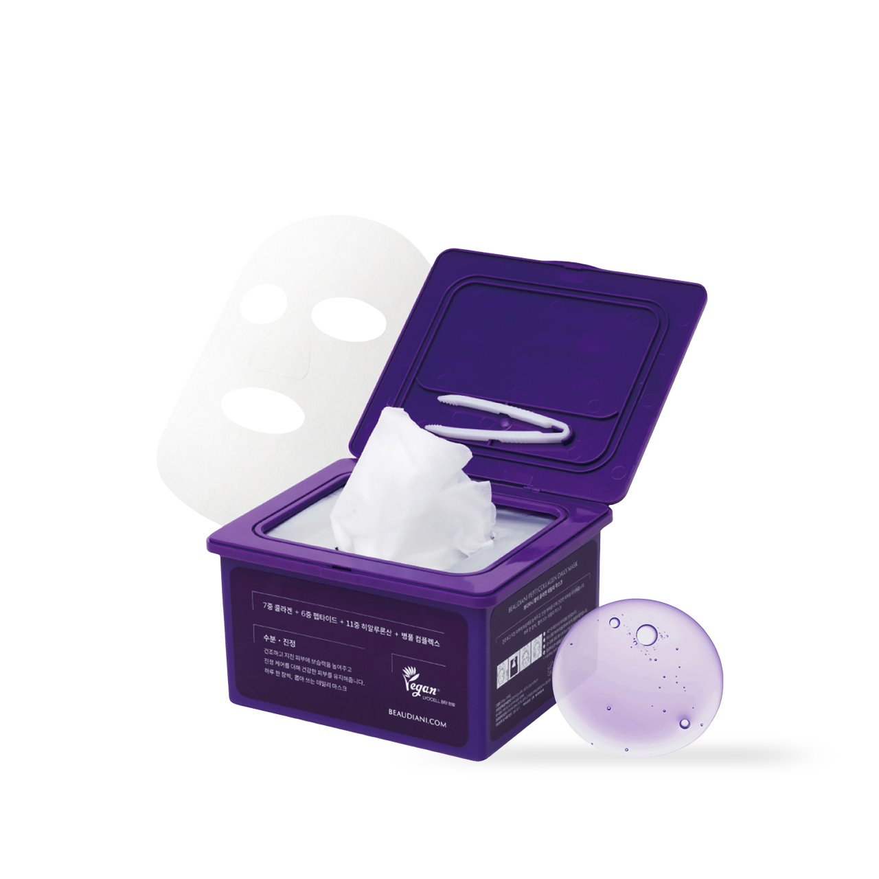 Beaudiani Pepti Collagen Daily Mask 31ea — box packaging showing collagen sheet mask and ingredient highlights