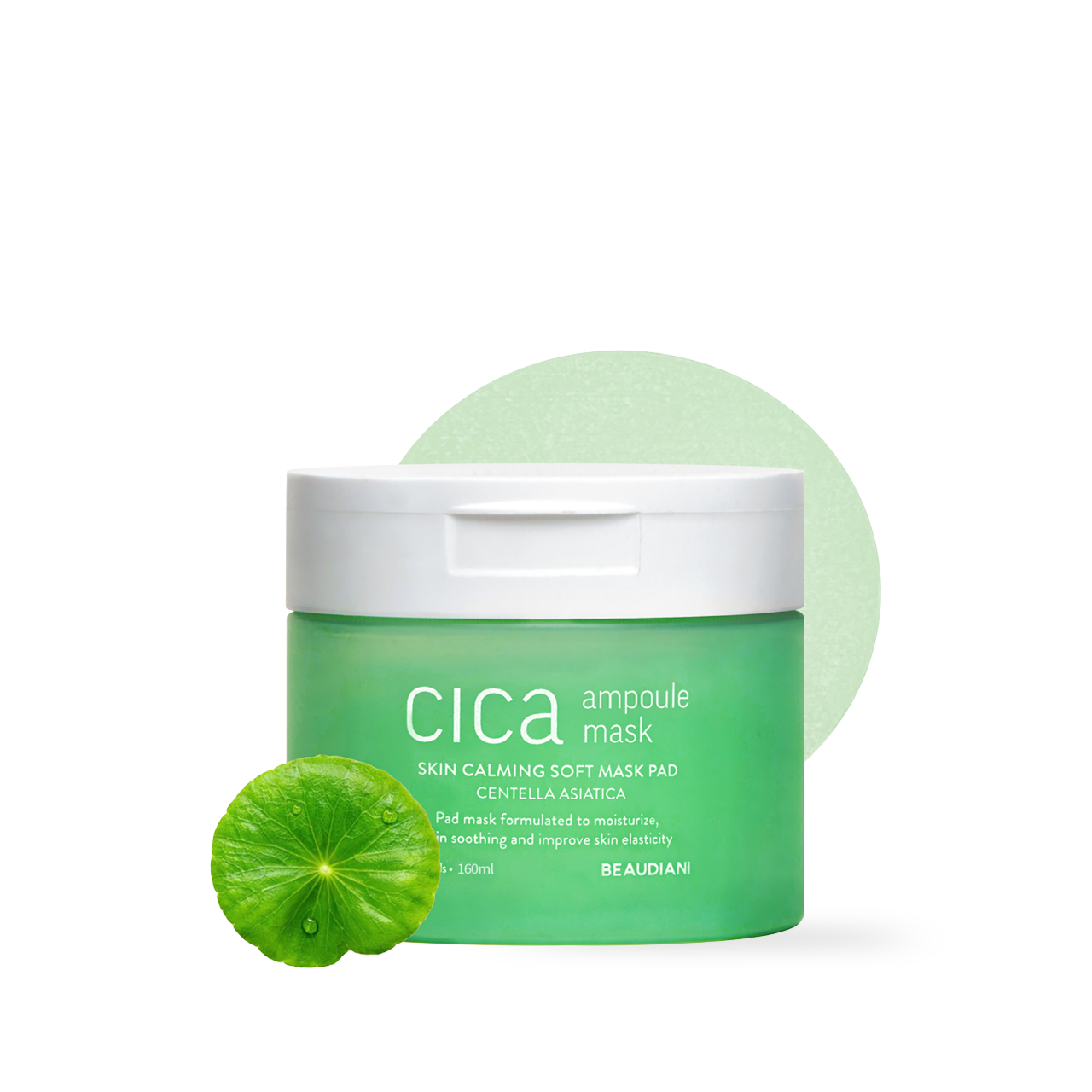 Beaudiani Cica Ampoule Toner Pads 100ea — open jar showing stacked cotton pads with tongs provided