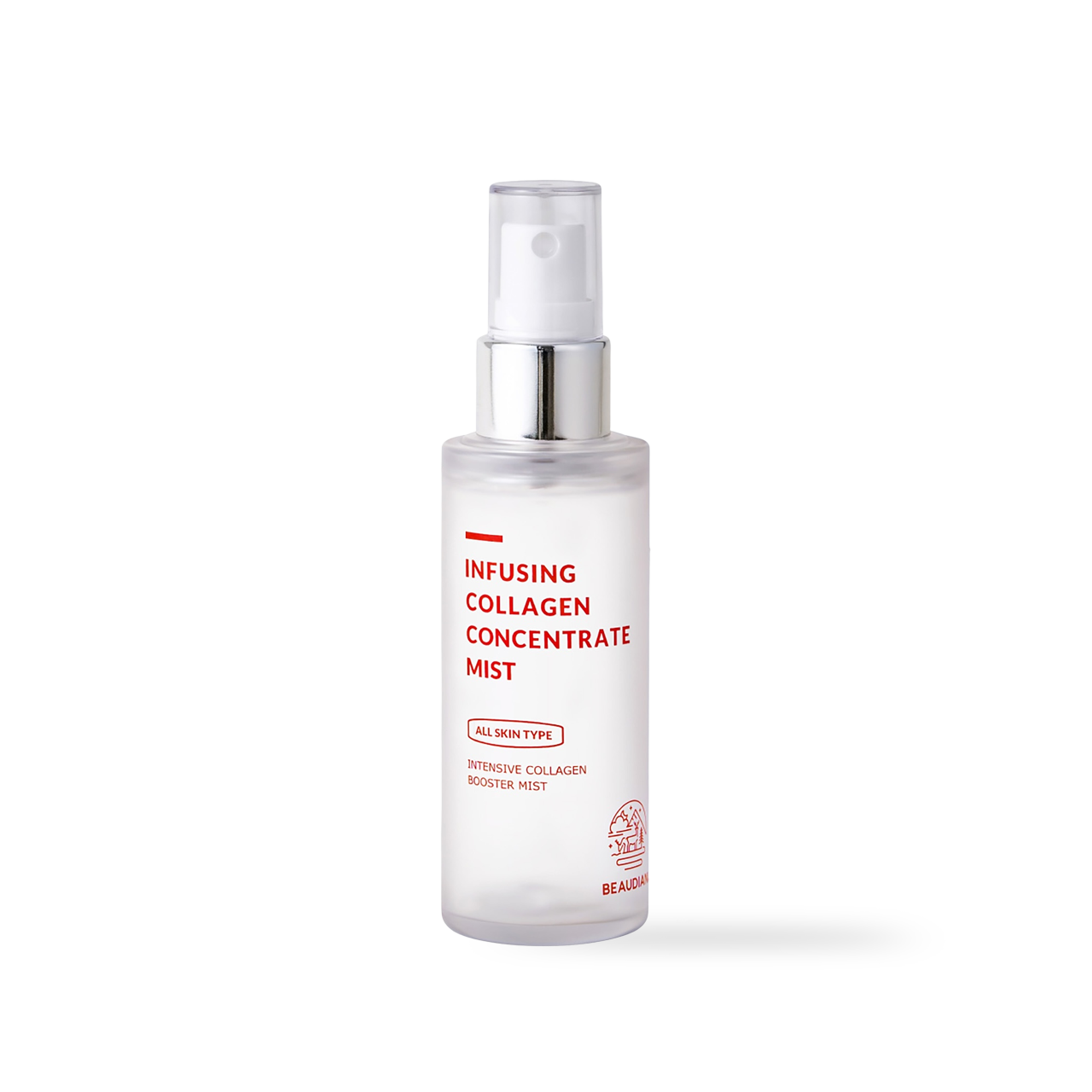 Beaudiani Infusing Collagen Concentrate Mist 50ml — spray bottle with silver pump nozzle on white background