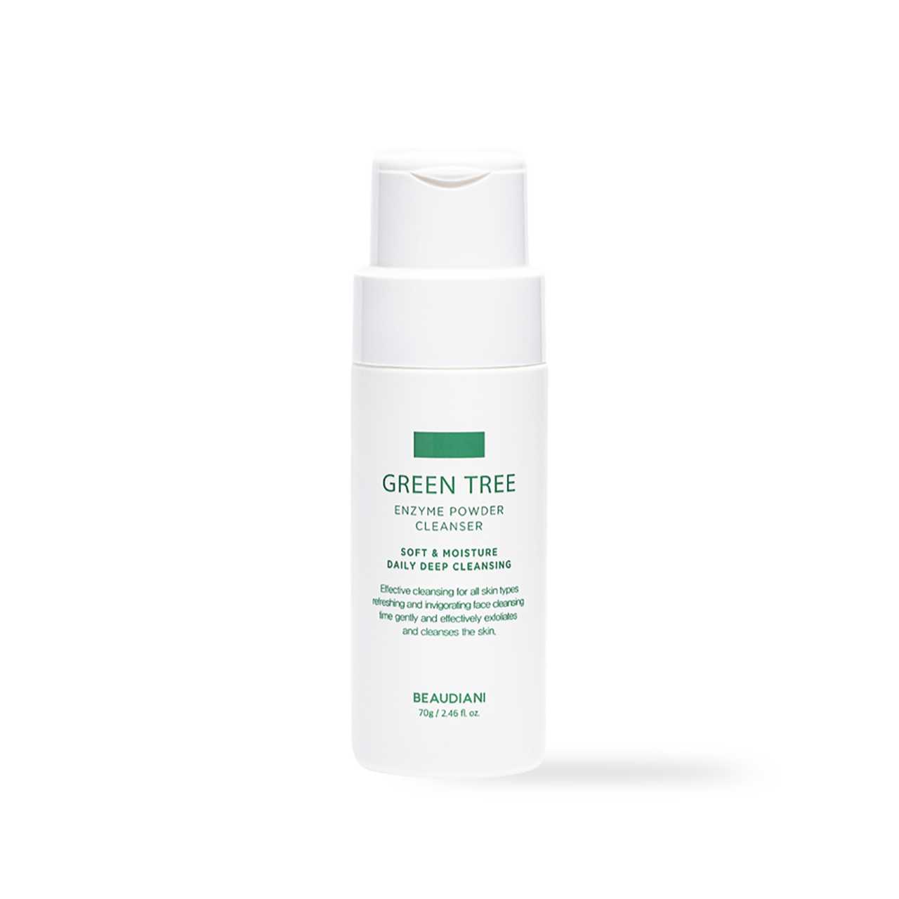 Beaudiani Green Tree Enzyme Powder Cleanser 70g — round jar with green label showing powder texture inside