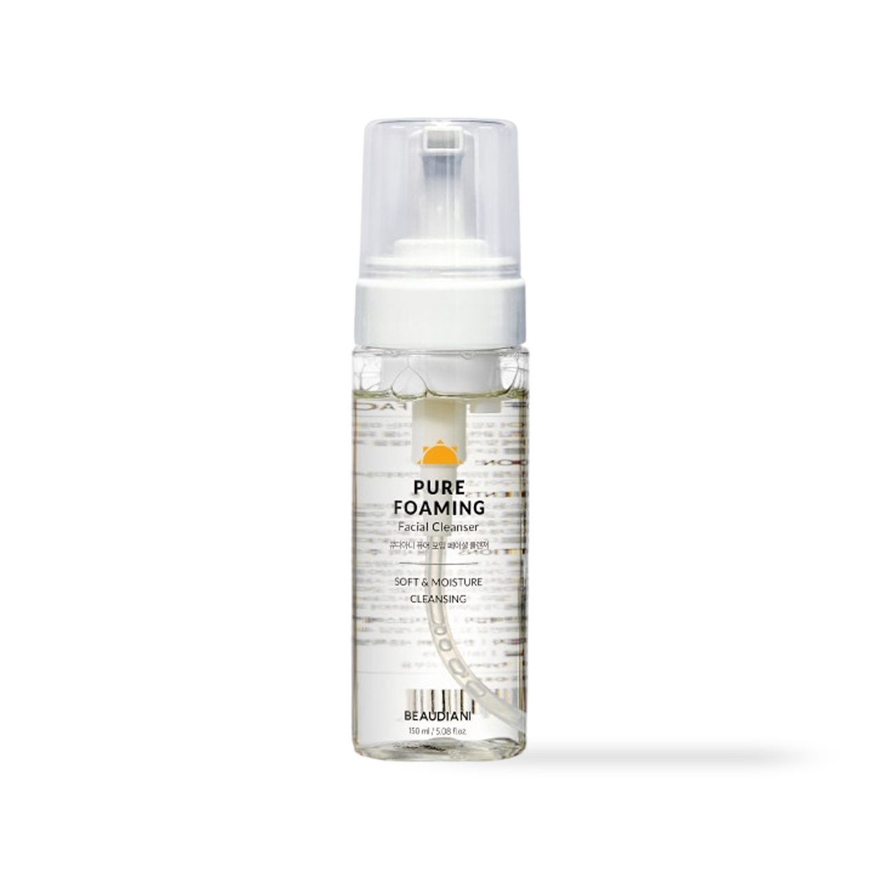 Beaudiani Pure Foaming Facial Cleanser 150ml — green pump bottle with white foam shown beside it