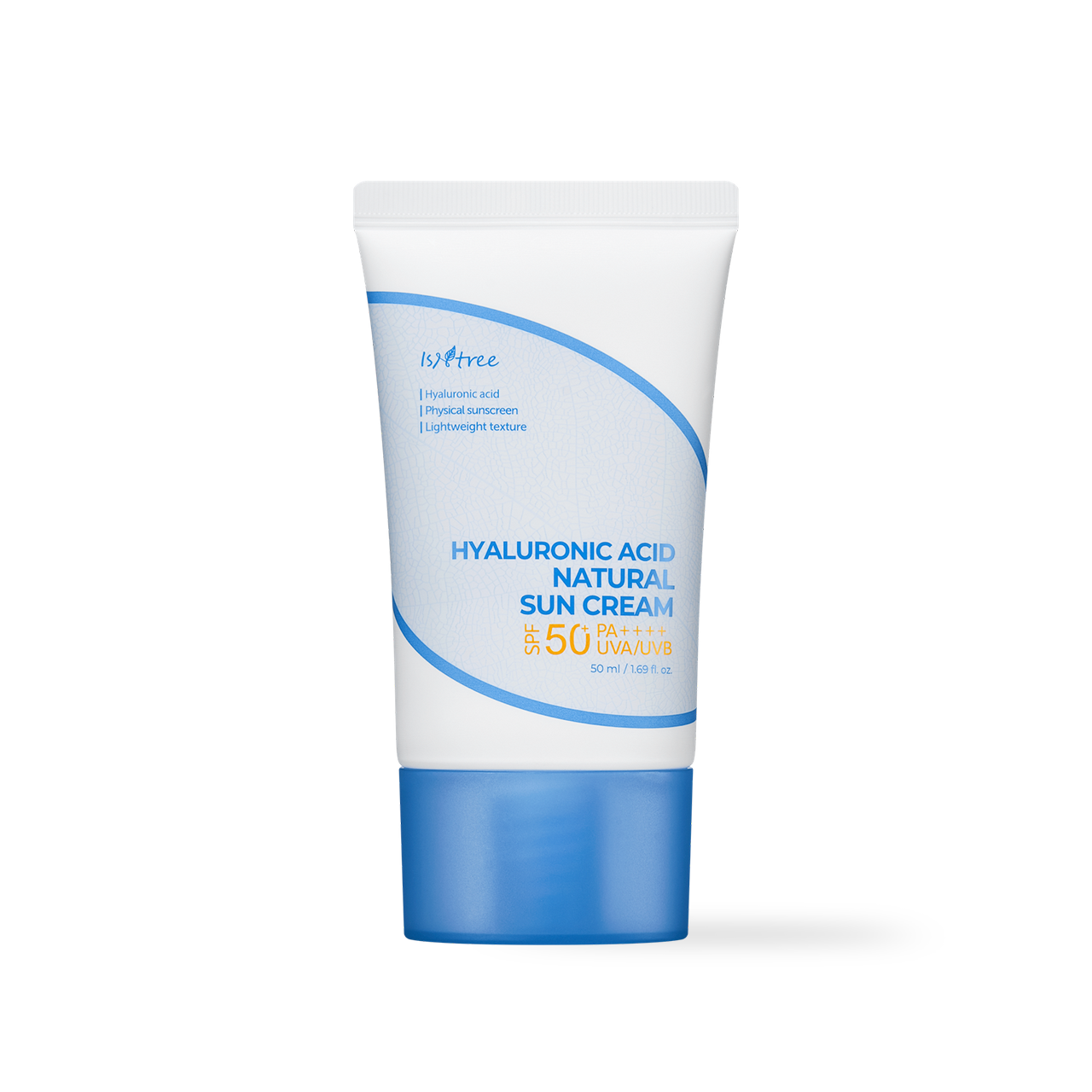 isntree Hyaluronic Acid Natural Sun Cream SPF50+ 50ml — white tube with pump on light background