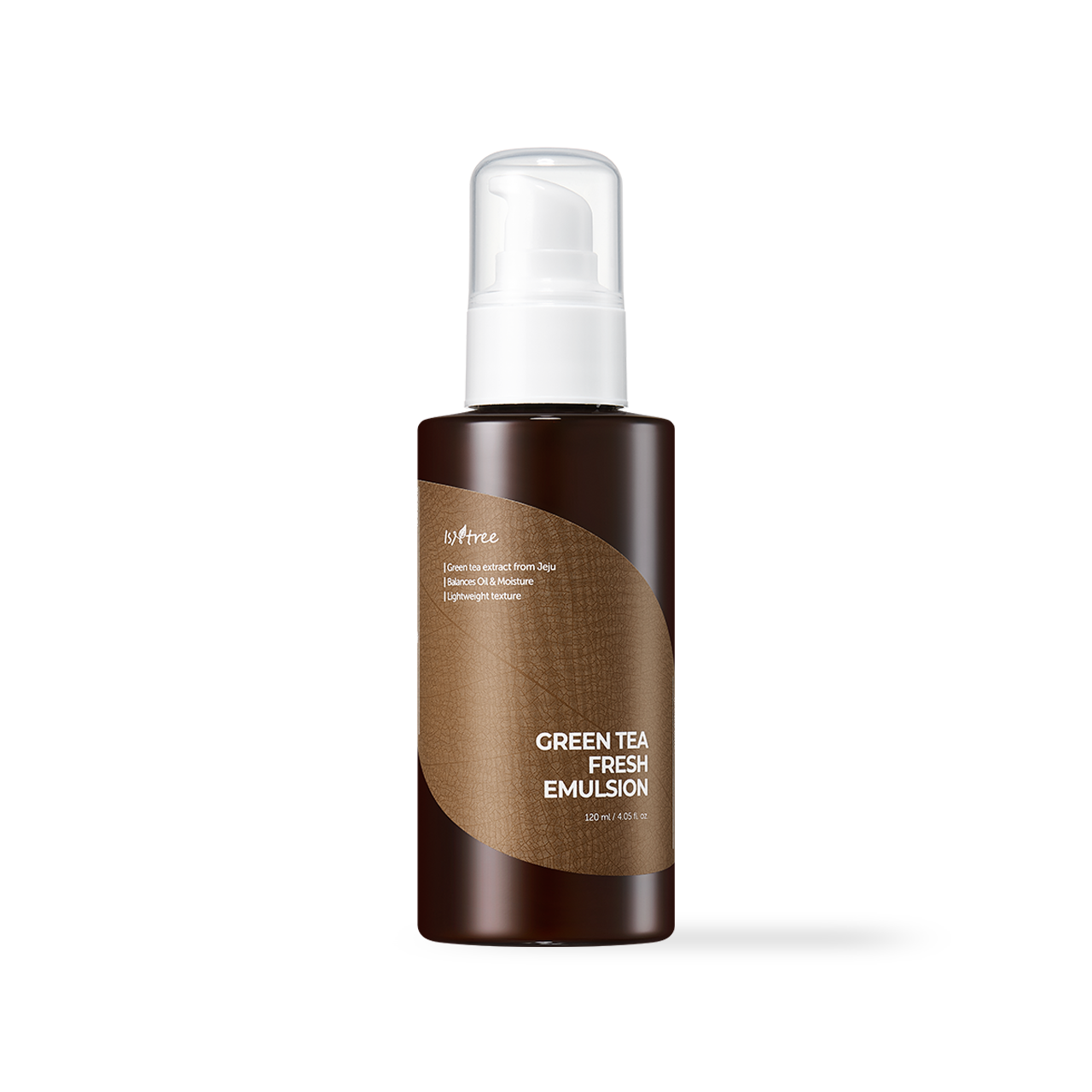 Isntree Green Tea Fresh Emulsion 120ml — pump bottle with green tea label, side view