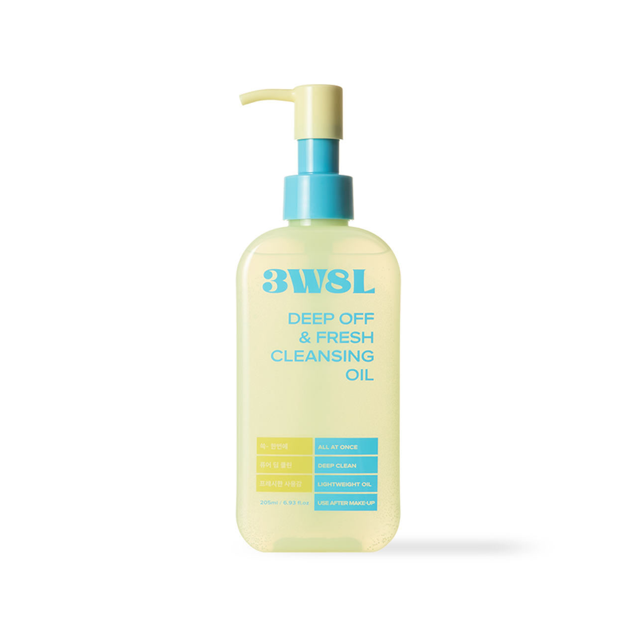 3W8L Deep Off Fresh Cleansing Oil 205ml — clear pump bottle showing light-textured oil inside