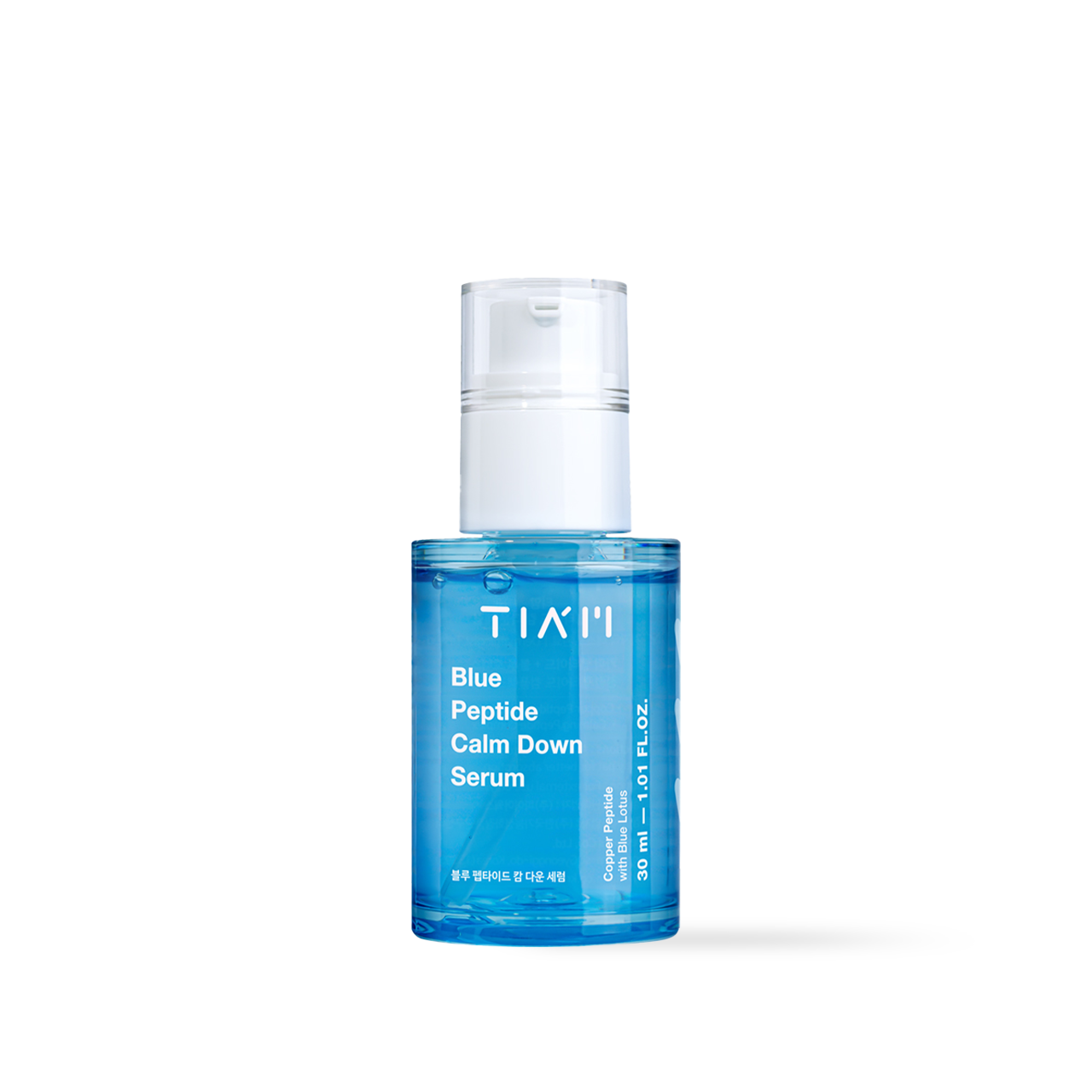 TIAM Blue Peptide Calm Down Serum 30ml — blue dropper bottle on white background, front view