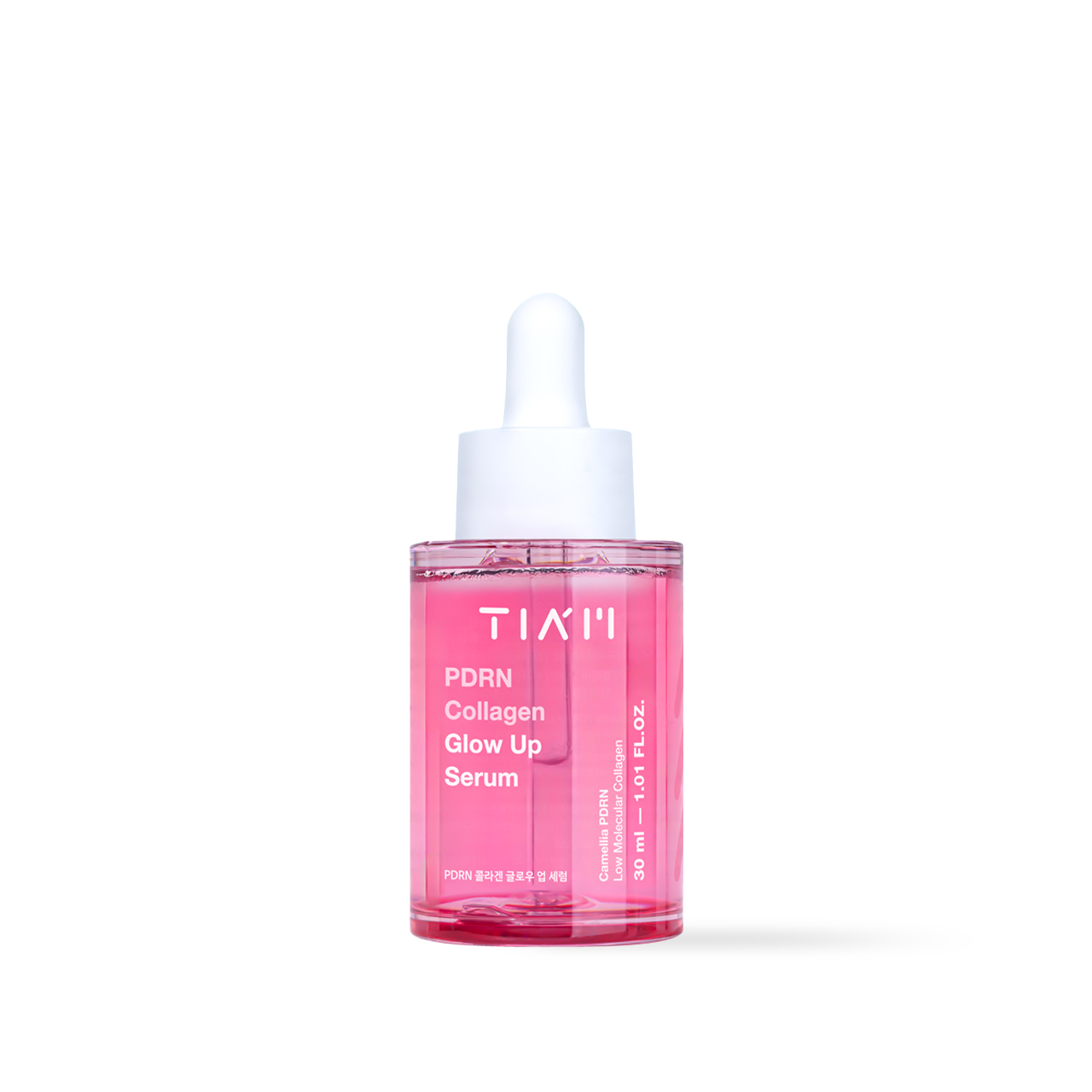 TIAM PDRN Collagen Glow Up Serum 30ml — pink capsule bottle with dropper, front of bottle