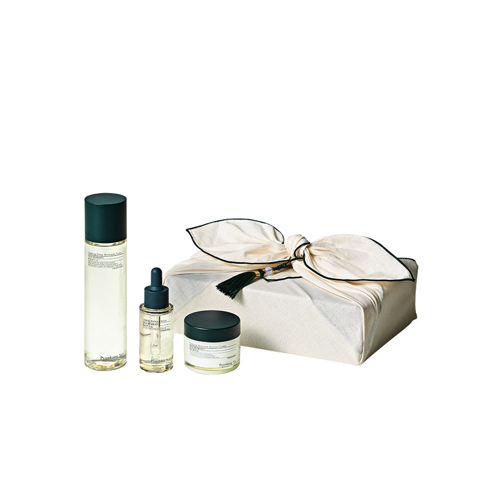 PyunkangYul Calming Line Gift Set — toner serum and cream trio on white background