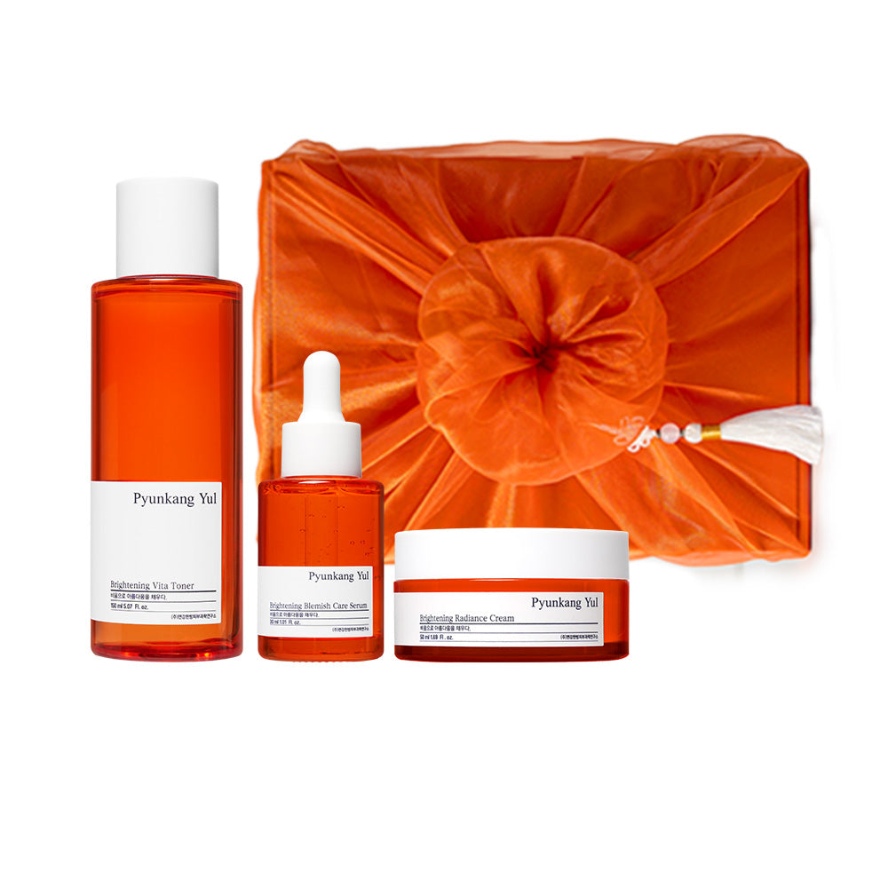 PyunkangYul Brightening Line Gift Set toner, serum, cream in traditional bojagi-inspired packaging