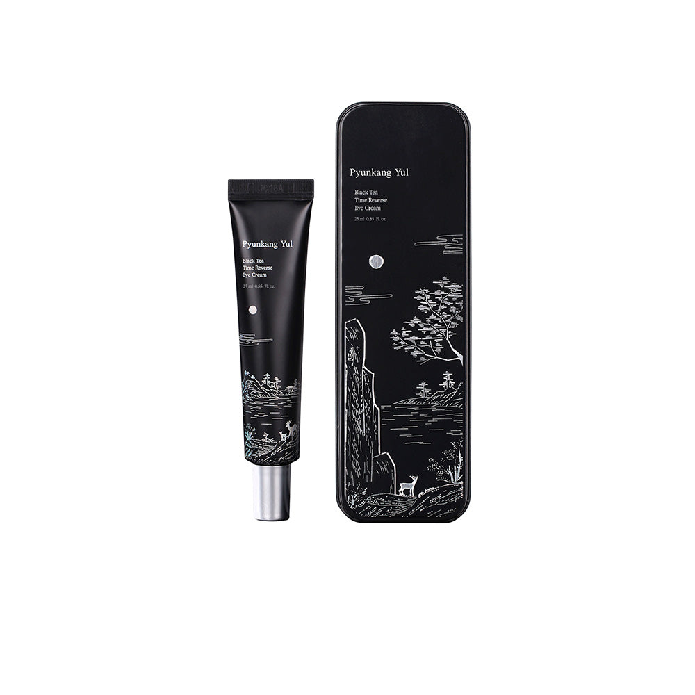 PyunkangYul Black Tea Time Reverse Eye Cream 25ml — mother-of-pearl tin with gold lid on white
