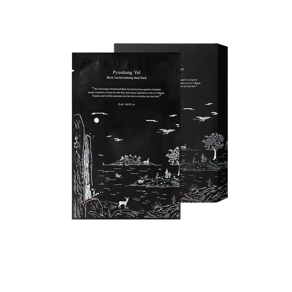 PyunkangYul Black Tea Revitalizing Mask Pack 25ml x 10 pieces — individual foil pouch on white