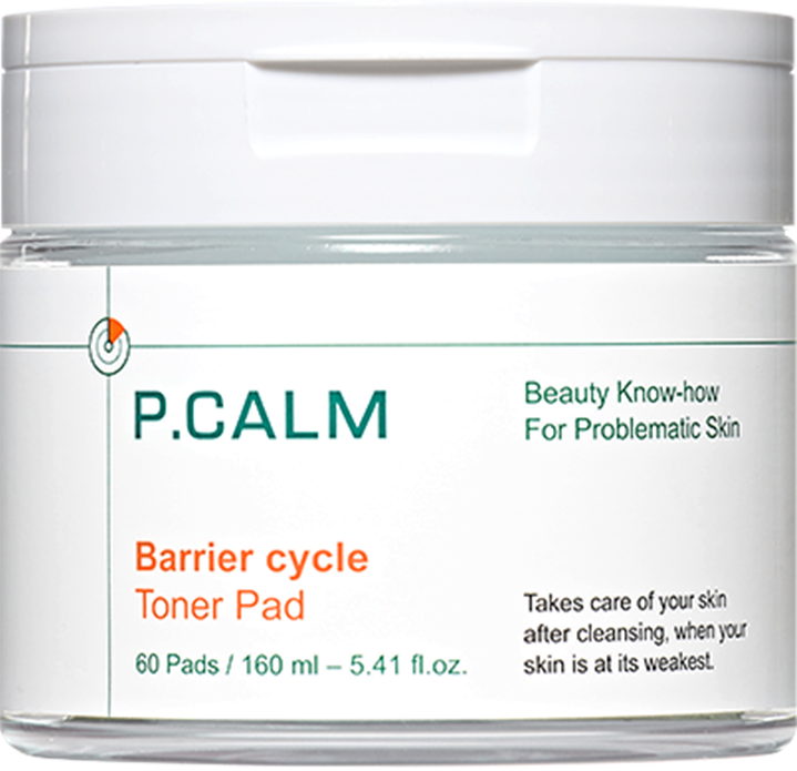 P.CALM Barrier Cycle Toner Pad 160ml — jar with round cotton pads on light background