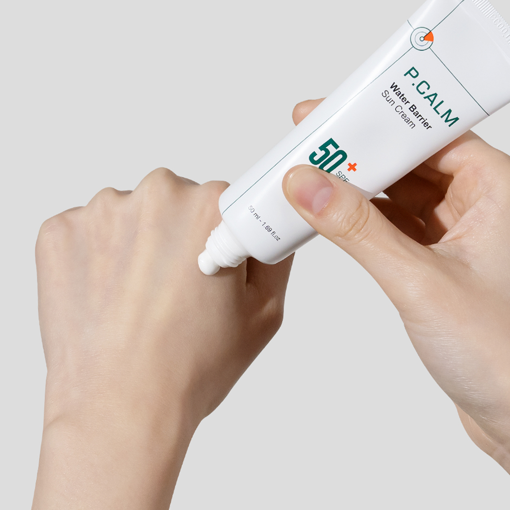P.CALM Water Barrier Sun Cream 50ml — white tube with pump dispenser