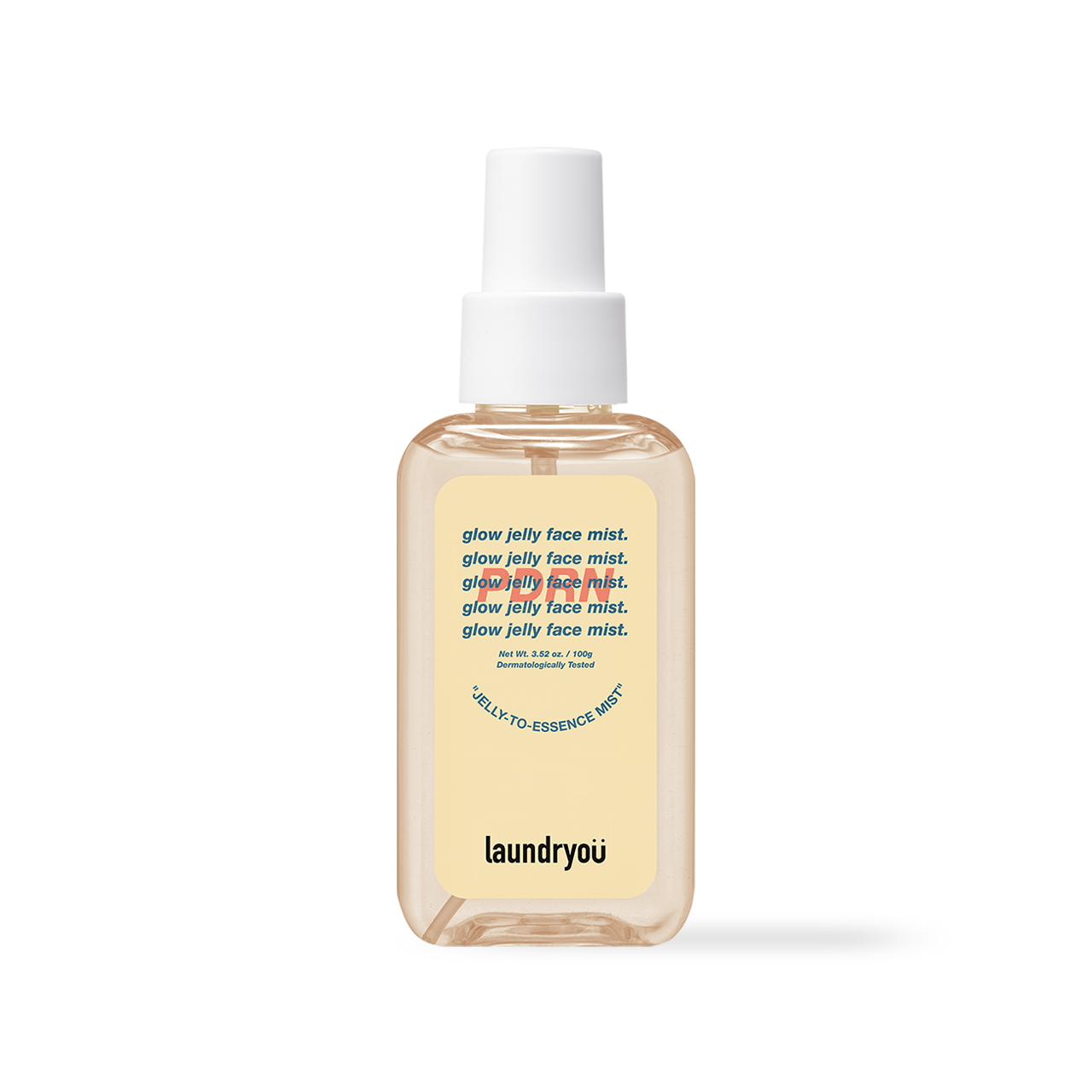 Laundryou Glow Jelly Mist PDRN 100g — transparent spray bottle showing gel formula texture
