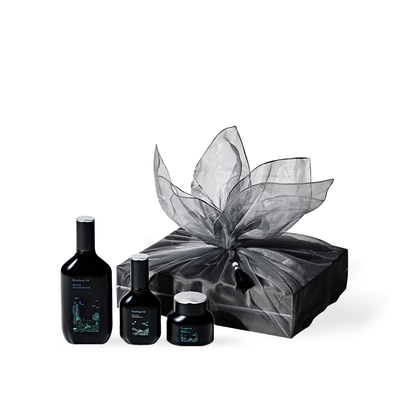 PyunkangYul Black Tea Line Gift Set toner, serum, cream in bojagi-inspired dark gift packaging
