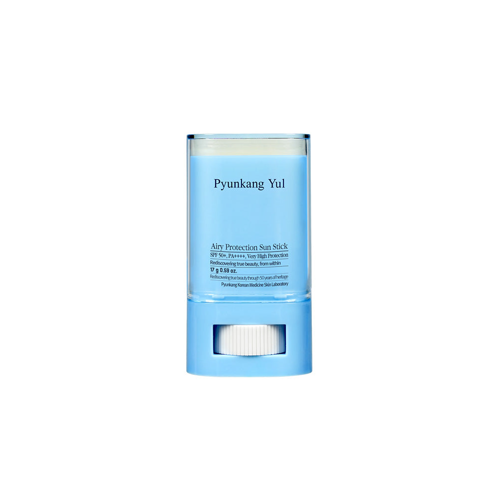 PyunkangYul Airy Protection Sun Stick SPF50+ 17g — twist-up stick with clear cap on white surface