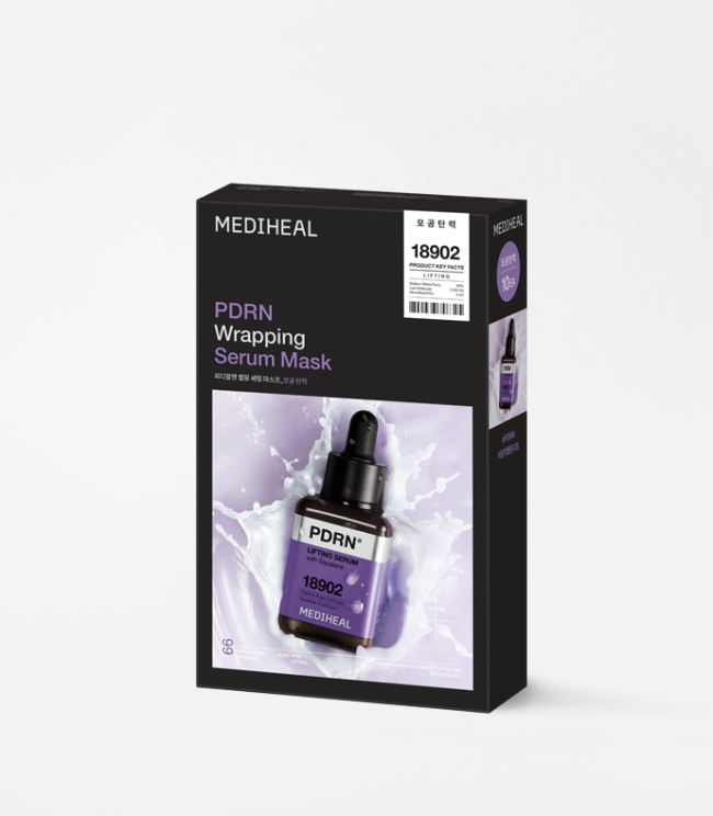 Mediheal PDRN Wrapping Serum Mask Pore Tightening 10ea — box and close-up of microfiber sheet