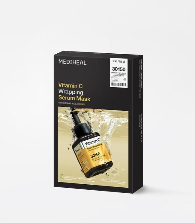 Mediheal Vitamin C Wrapping Serum Mask Brightening 10ea — bright-toned box and microfiber sheet