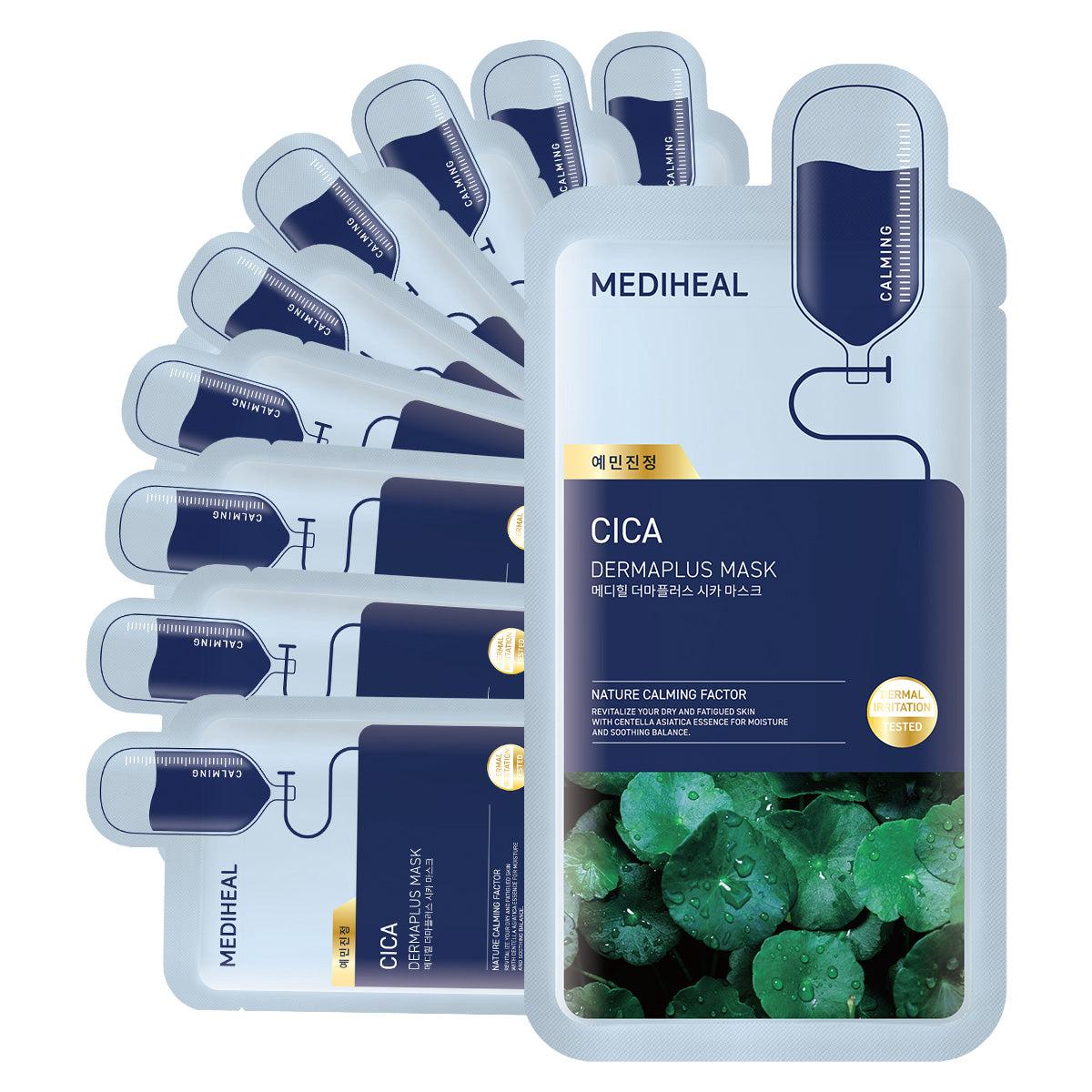 Mediheal Derma Plus Cica Sheet Mask 10ea — box and individual sheet mask pouch on white