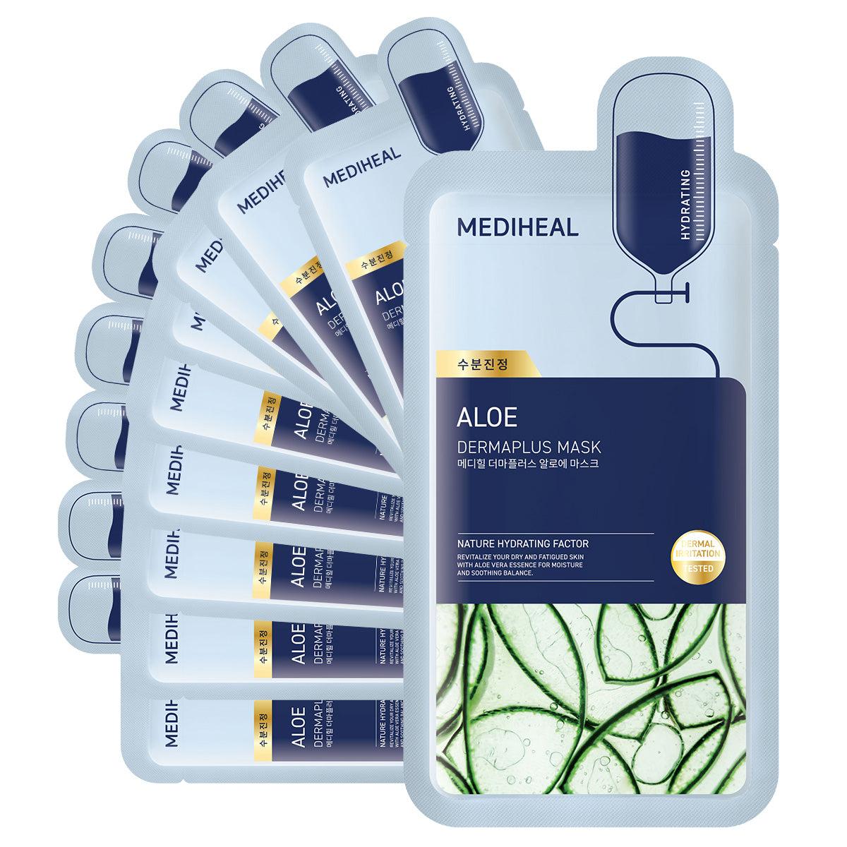 Mediheal Derma Plus Aloe Sheet Mask 10ea — box of sheet mask pouches on light background