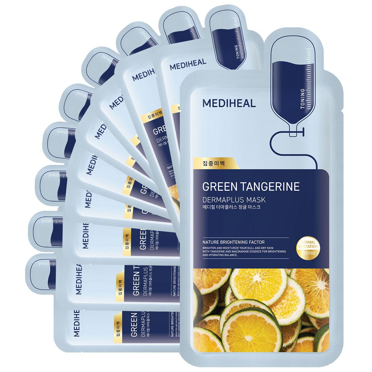 Mediheal Derma Plus Green Tangerine Mask 10ea — green-toned mask box and single pouch