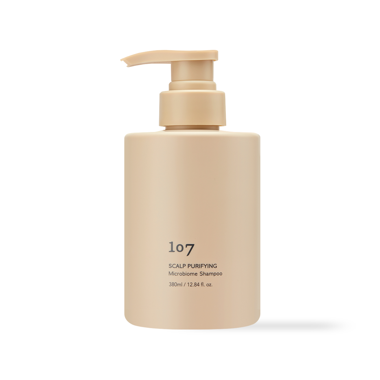 107 SCALP PURIFYING Microbiome Shampoo 380ml — dark pump bottle with label on white surface