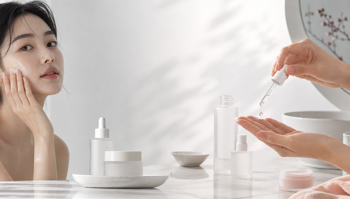 Premium Korean skincare routine with model, serum dropper, glass, and clean unbranded skincare forms